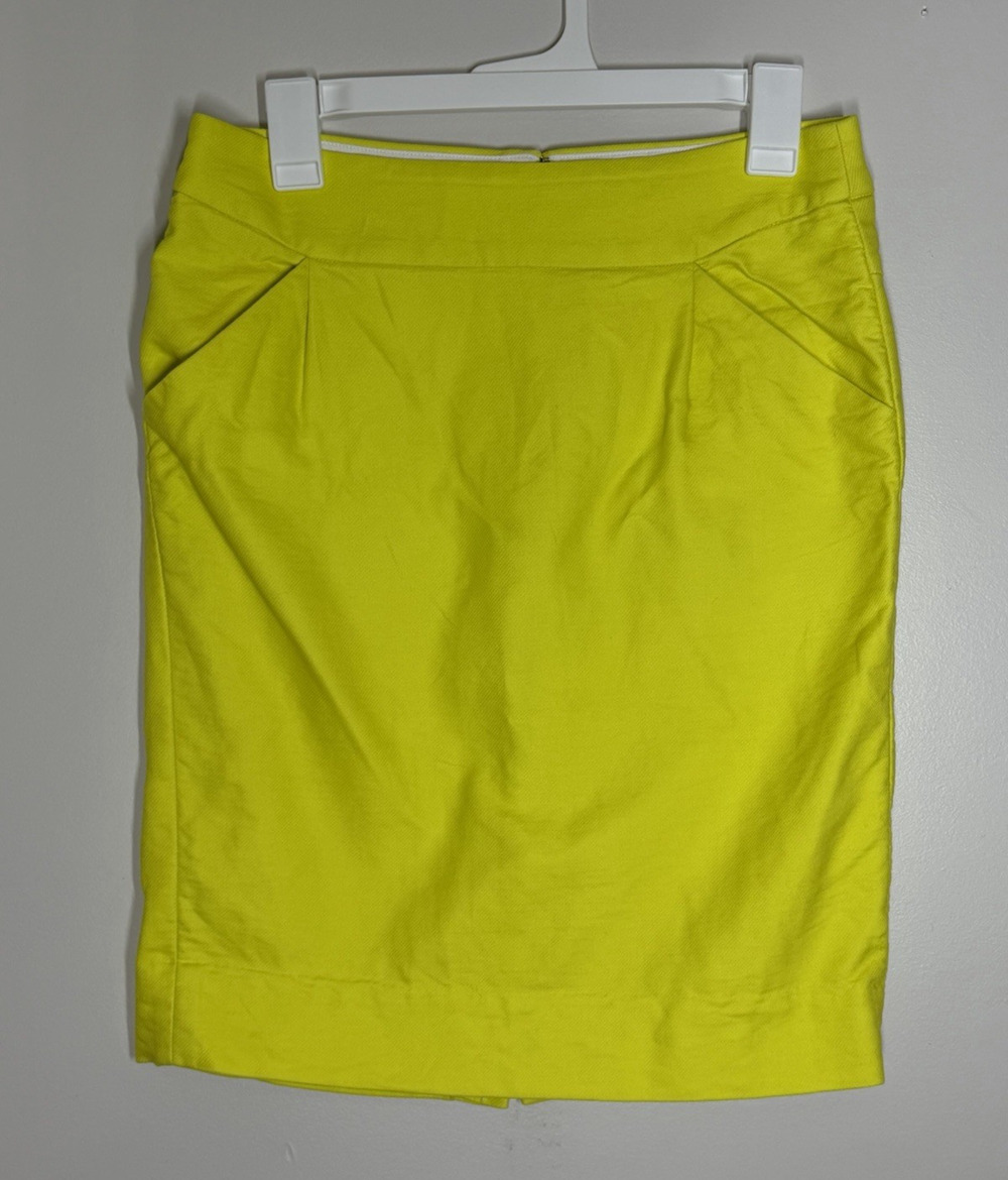 J Crew The Pencil Skirt Size 4 Bright Yellow 100% Cotton Pockets Back Slit